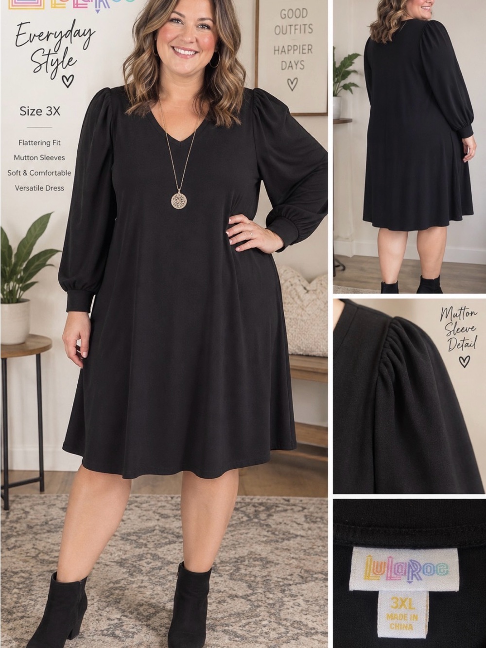 LuLaRoe -Black V-Neck Midi Dress with Puff/Mutton Sleeves- 3X